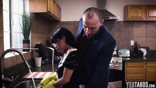 Busty ទី housemaid chick ទទួលបានការលំដេកពីក្រោយ